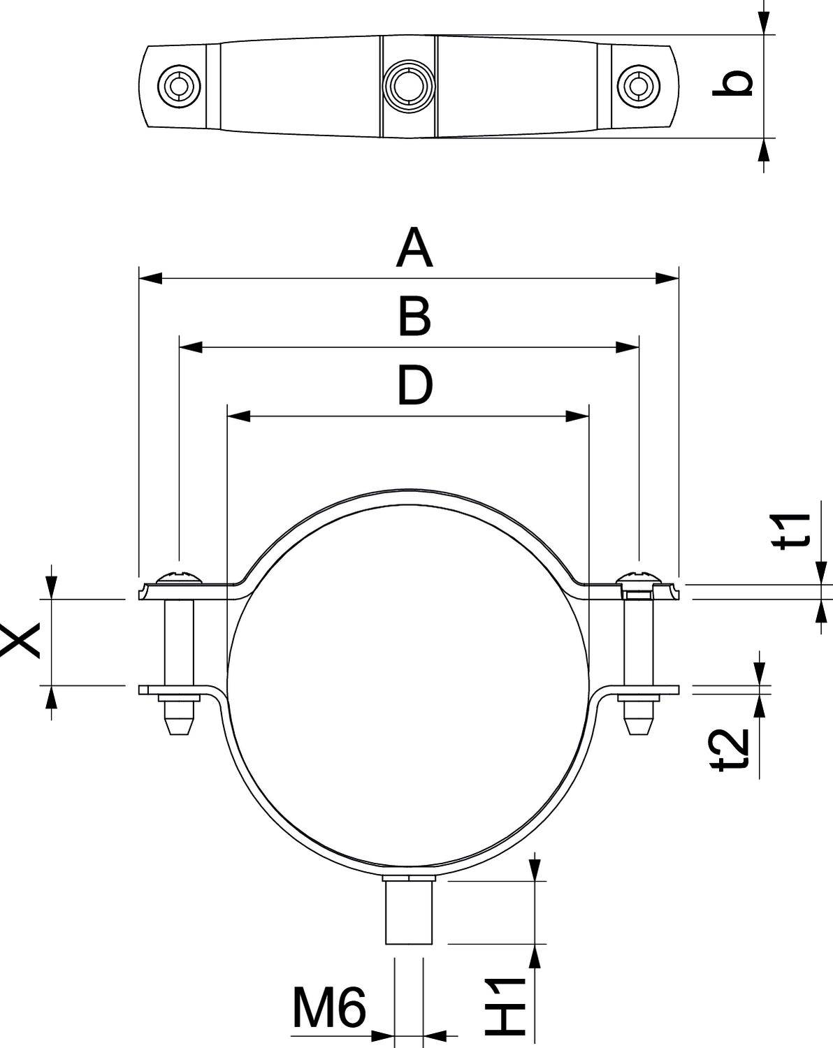 Rysunek techniczny obejmy rurowej. Przedstawia widok z góry i widok z boku z oznaczeniami wymiarów A, B, D, b, t1, t2, X, M6, H1.