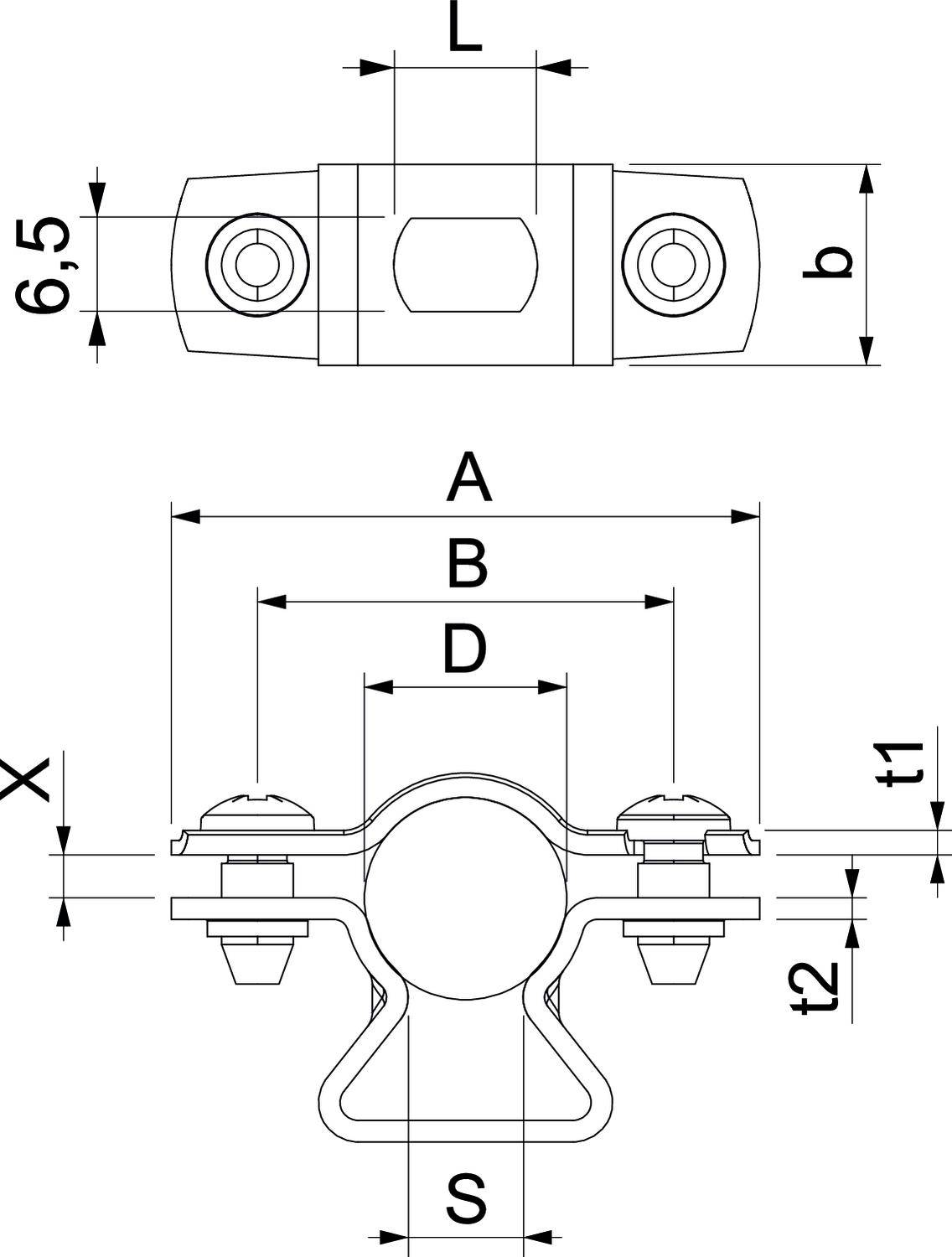 Rysunek techniczny elementu złącznego z wymiarami; przedstawia widok z przodu i z boku z następującymi oznaczeniami: L, b, A, B, D, t1, t2, S, X.