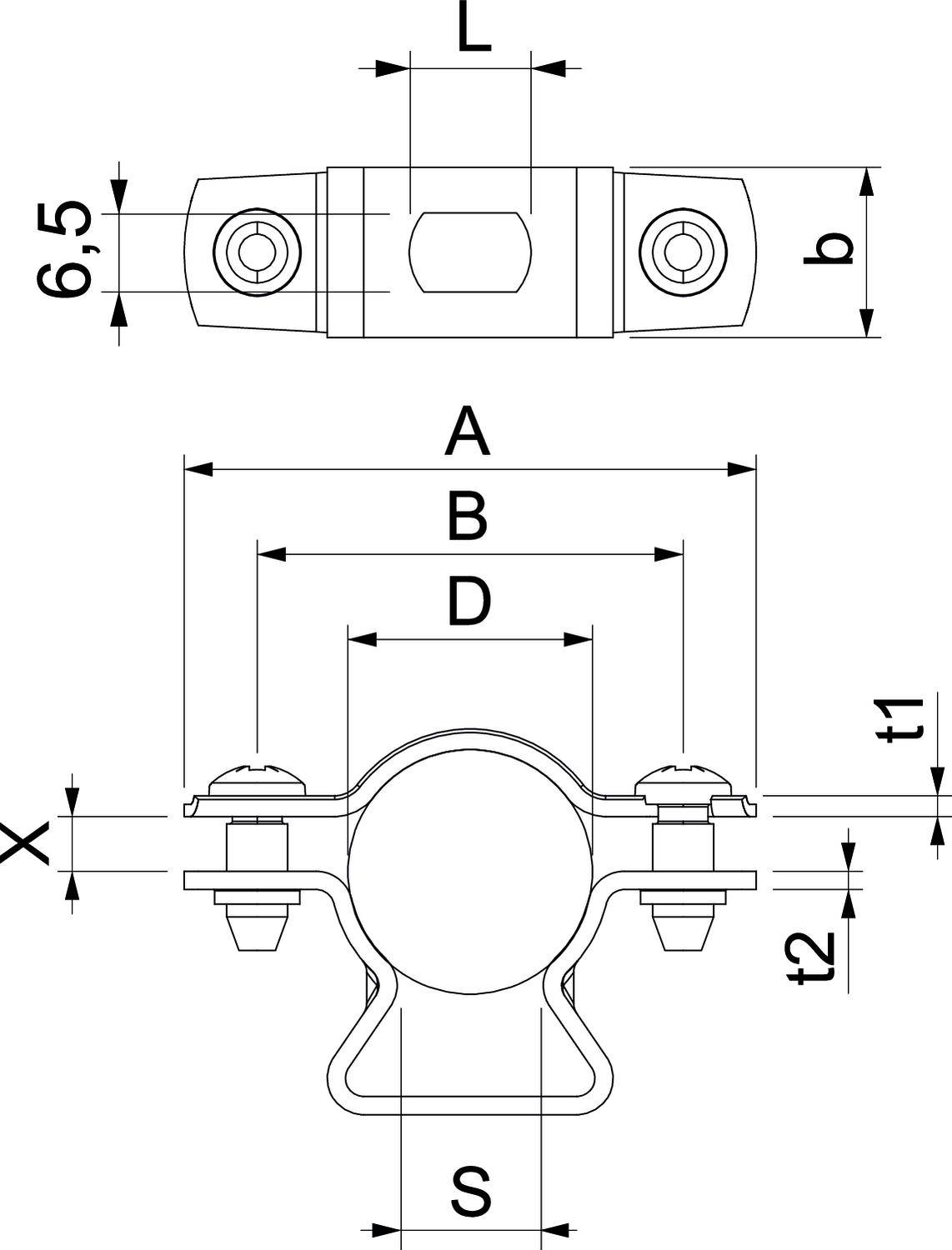 Rysunek techniczny obejmy rurowej z wymiarami i opisami, przedstawiający widoki z góry i z boku dla precyzyjnego montażu.