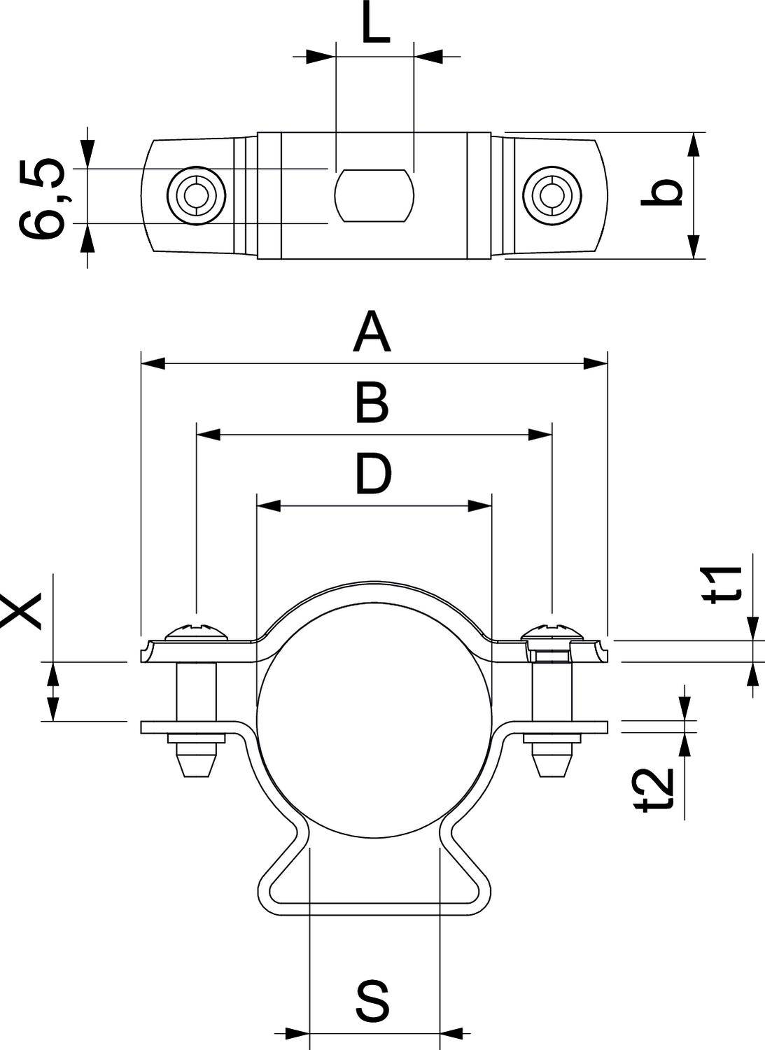 Rysunek techniczny uchwytu obejmy rurowej z wymiarami: A, B, D, S, L, b, X, t1, t2. Przedstawiony w widoku z góry i z boku.
