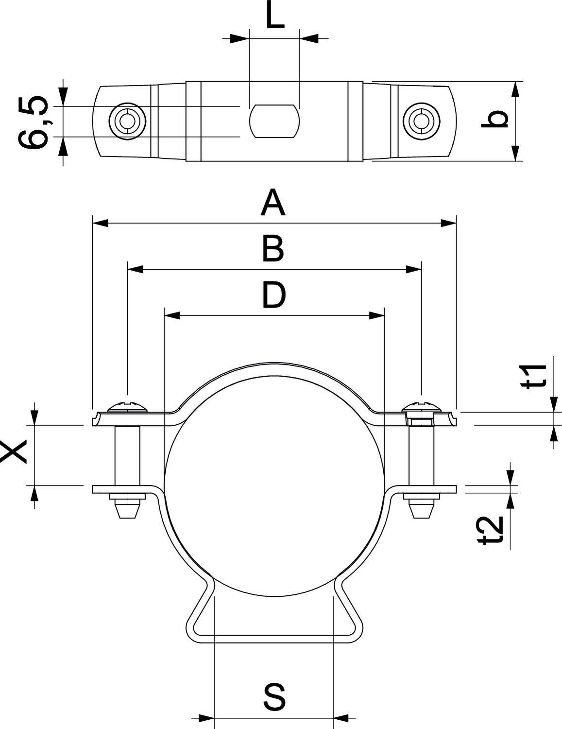 Rysunek techniczny złącza obejmy rurowej z wymiarami, przedstawiający widok z góry i widok z boku. Kluczowe wymiary to L, b, A, B, D, X, t1, t2, S.