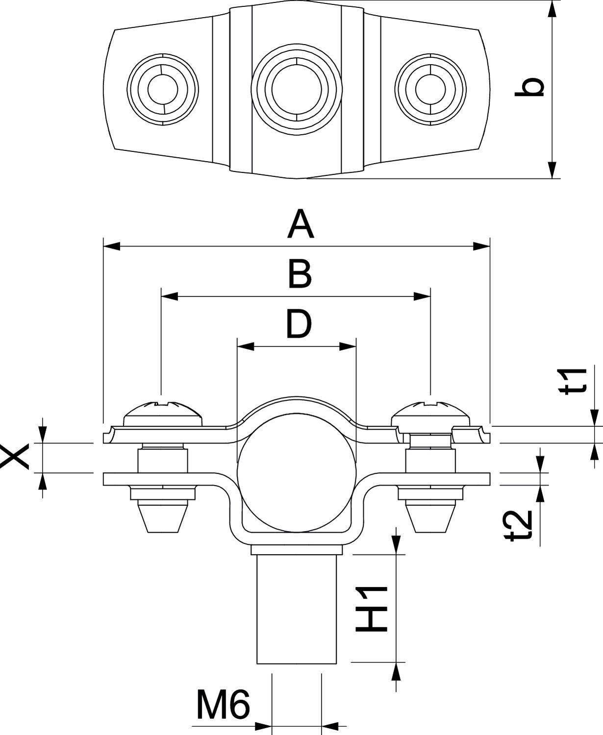 Rysunek techniczny obejmy rurowej z wymiarami: M6, H1, T1, T2, A, B, D. Przedstawia widok z góry i widok z boku elementu.