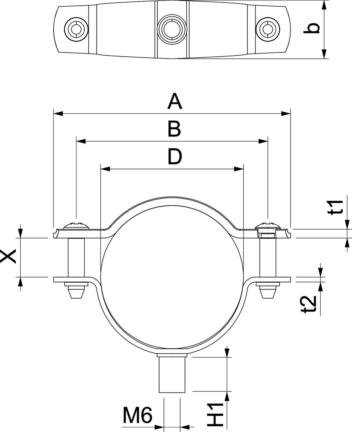 Rysunek techniczny systemu mocowania obejm rurowych z wymiarami: A, B, D, H1, X, t1, t2, b oraz M6.
