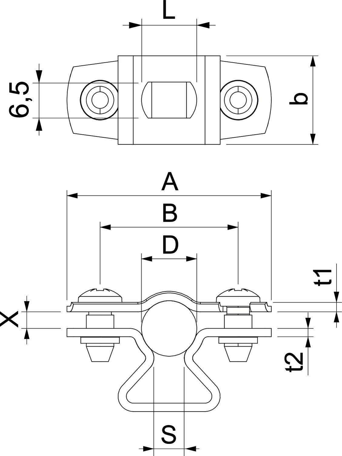 Rysunek techniczny zacisku podwójnego z wymiarami. U góry: długość i szerokość. Na dole: wyróżnione wymiary A, B, D, X, S, t1, t2.