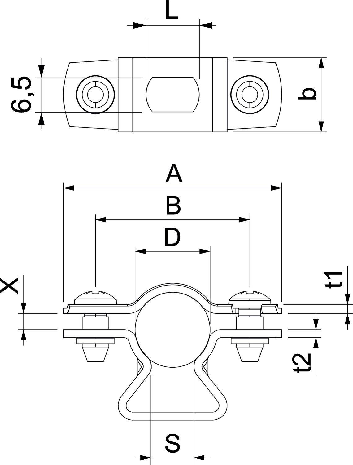 Rysunek techniczny obejmy rurowej w dwóch widokach z wymiarami długości, szerokości i średnicy. Przedstawia punkty mocowania i odległości.