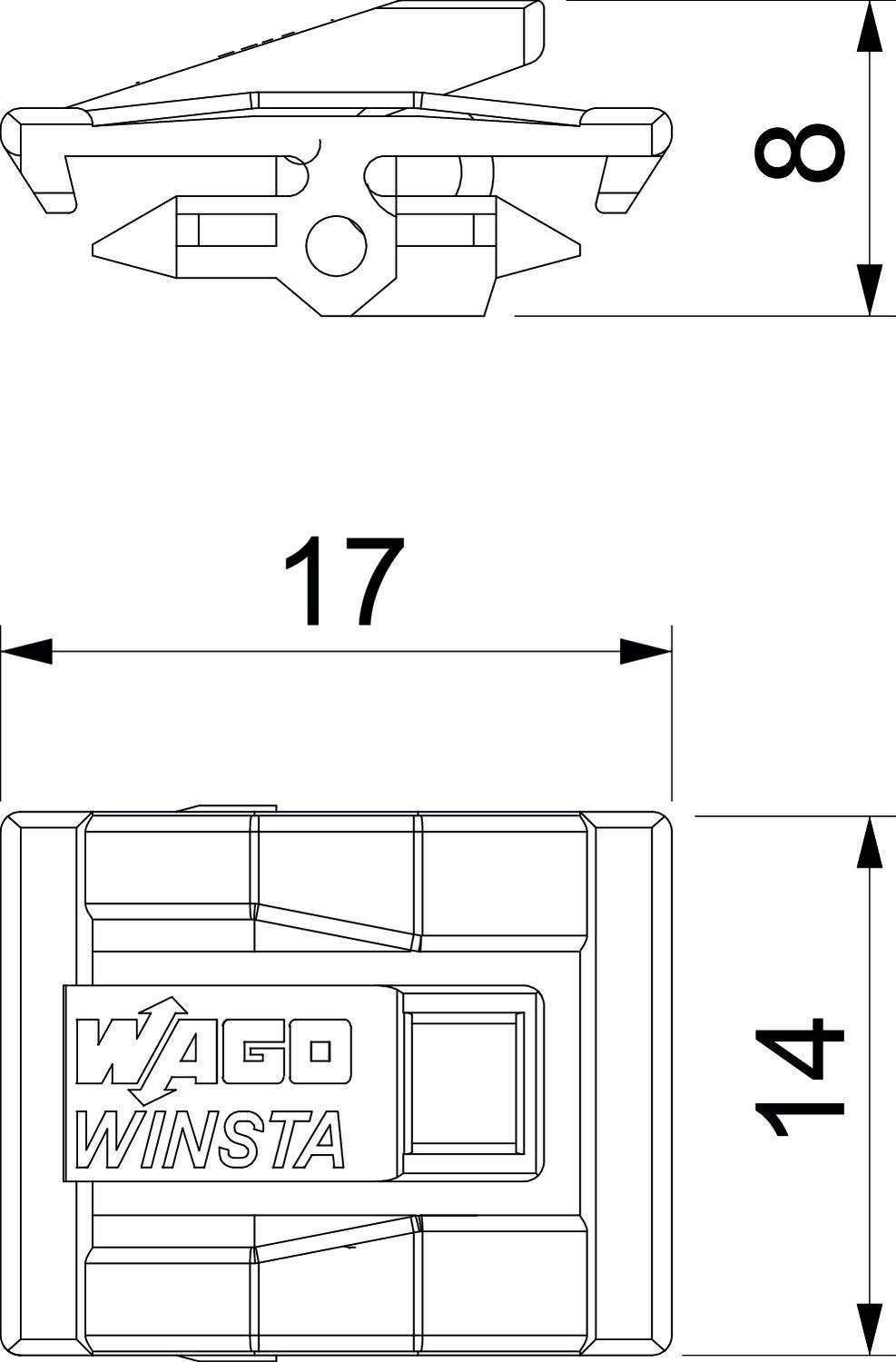 Rysunek techniczny elektrycznego złącza wtykowego firmy WAGO WINSTA. Wymiary: 17 mm szerokości, 14 mm wysokości, 8 mm głębokości.