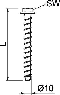 Rysunek techniczny śruby z łbem sześciokątnym. Wymiary: długość 'L', średnica 'Ø10', rozstaw klucza 'SW'. Przedstawienie gwintu o kształcie helisy.