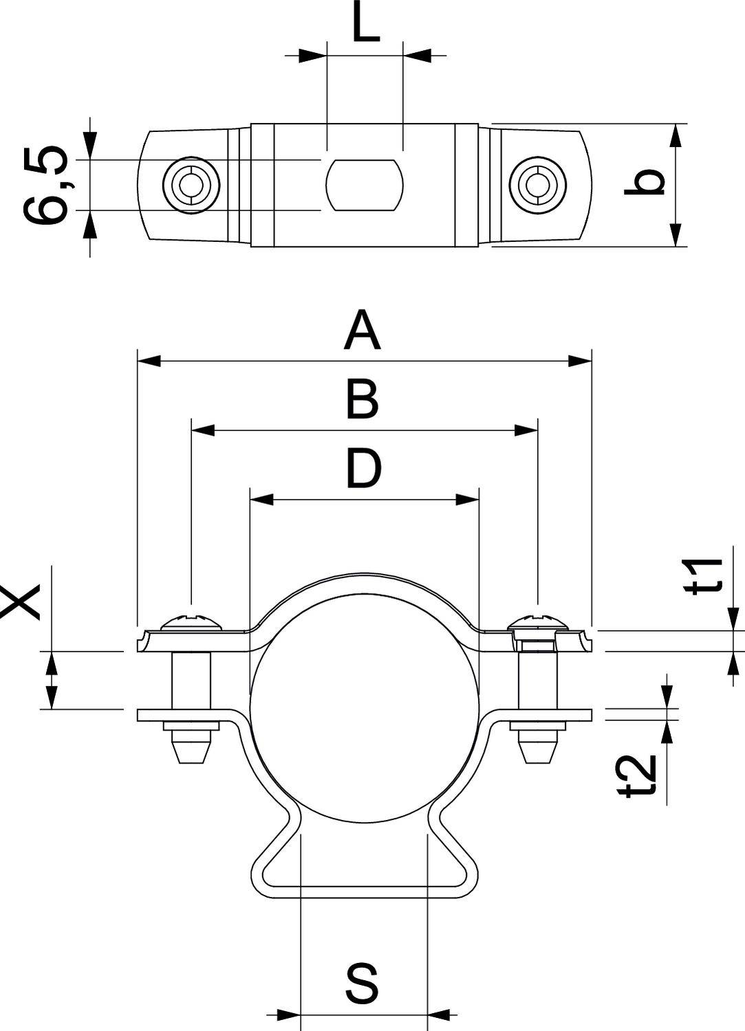 Rysunek techniczny profilu obejmy rurowej z wymiarowaniem: L, b, A, B, D, X, t1, t2, S. U góry widok z góry, u dołu przekrój poprzeczny.