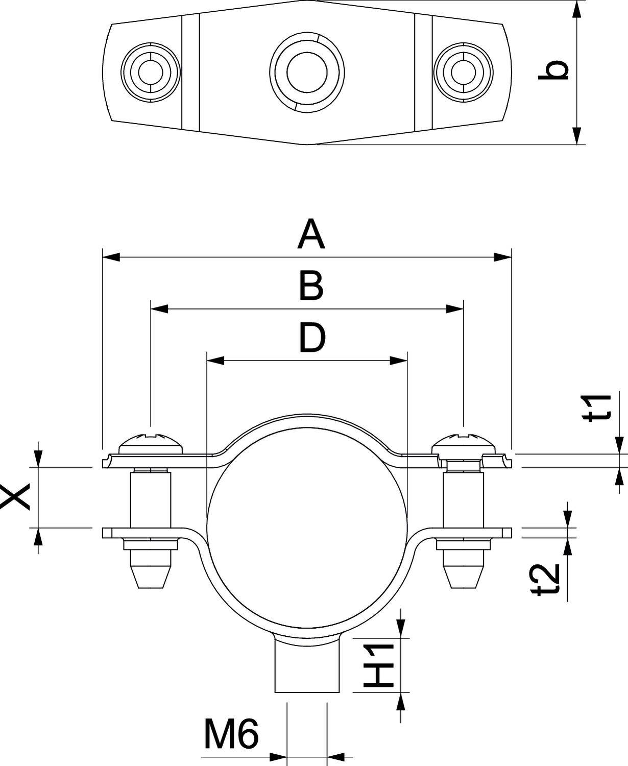 Rysunek techniczny obejmy rurowej z wymiarami: A, B, D, X, t1, t2, H. Podane wymiary są kluczowe dla mocowania i prawidłowego funkcjonowania.