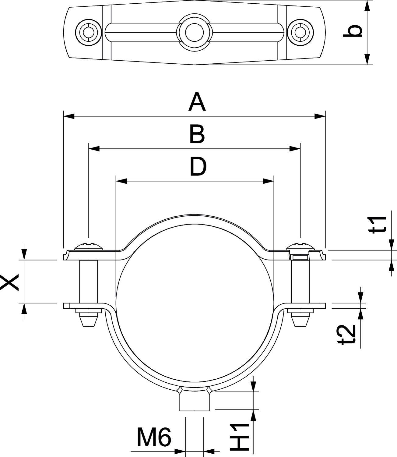 Rysunek techniczny obejmy rurowej z podanymi wymiarami: A, B, D, X, b, t1, t2, H1 oraz gwintem M6. Widok z góry i widok z boku.