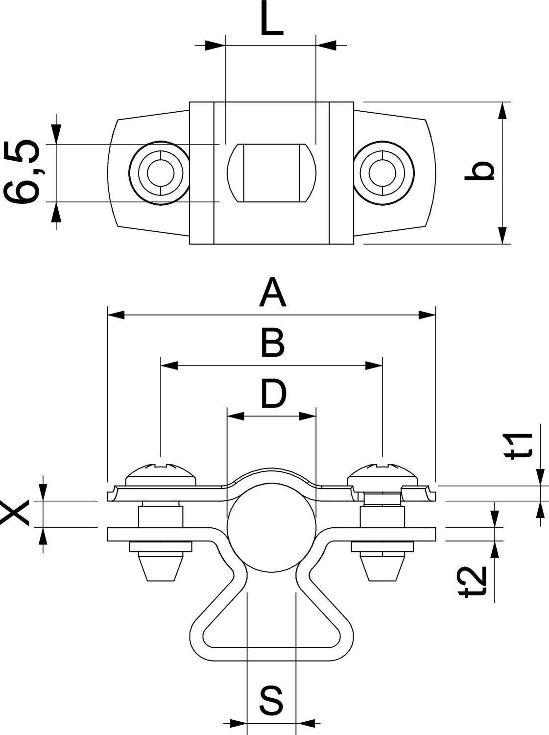 Rysunek techniczny zacisku kablowego z wymiarami: wysokość 6,5 mm, szerokość b, długości L, A, B, D, grubości t1, t2, szerokość S.