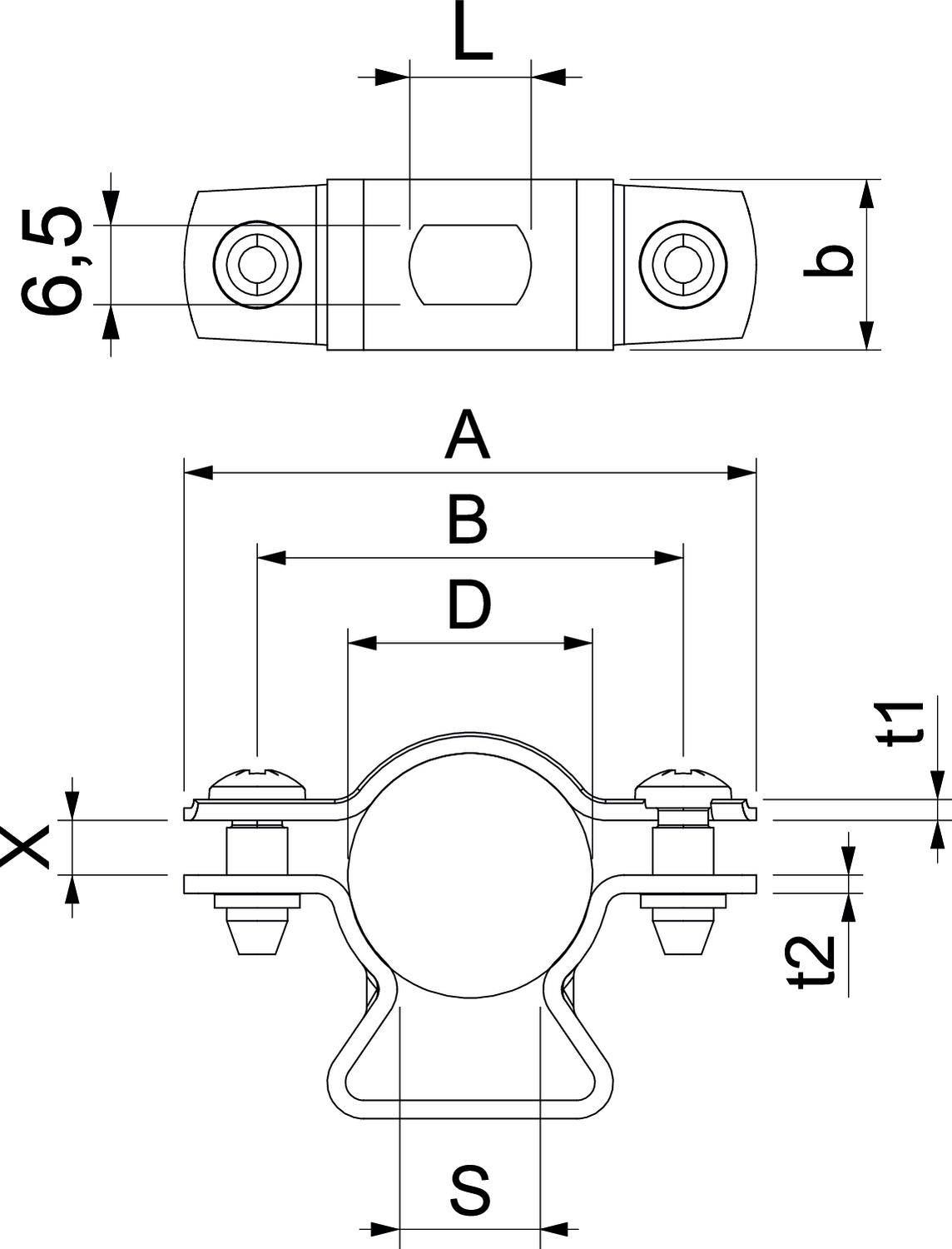 Rysunek techniczny obejmy rurowej z wymiarami. Podane wymiary to: L, B, A, B, D, S, X, t1, t2, 6,5. Widoczne śruby.