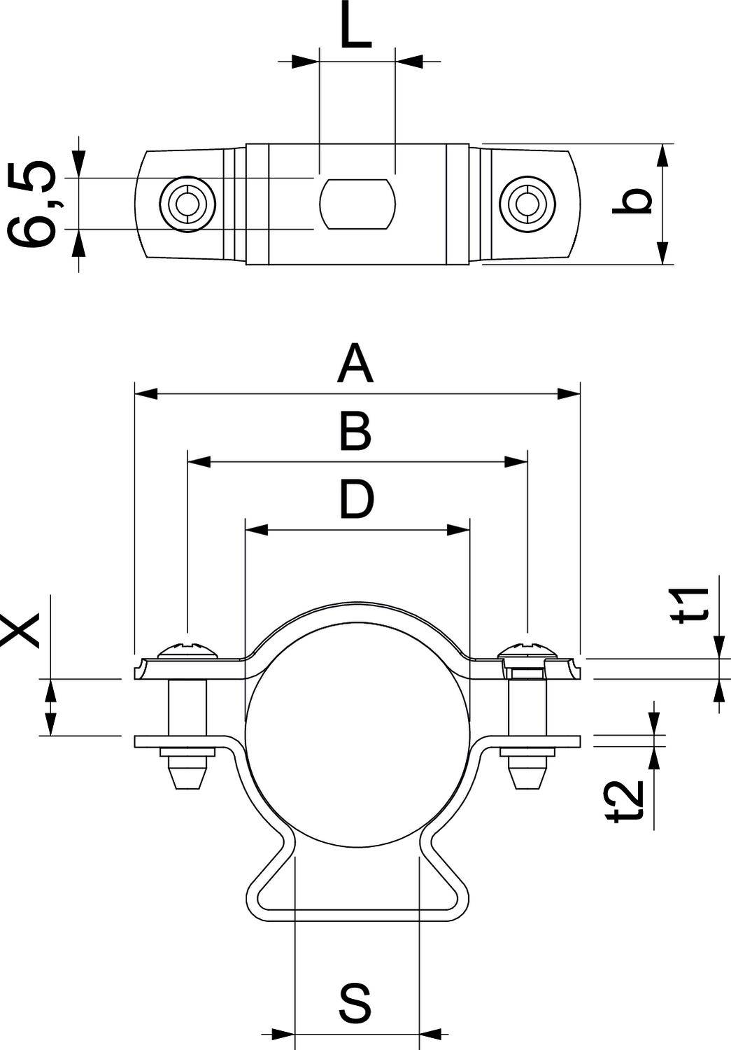 Rysunek techniczny elementu cylindrycznego ze specyfikacją wymiarów L, b, A, B, D, X, t1, t2 oraz S.
