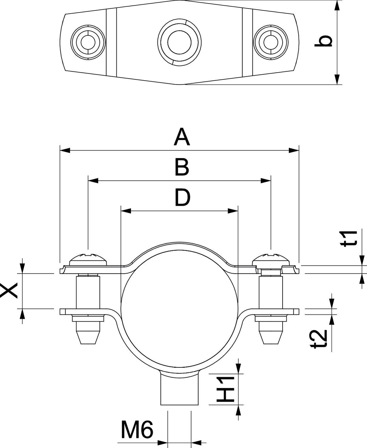 Rysunek techniczny obejmy rurowej z wymiarami. Przedstawia widok z góry i widok z przodu z oznaczeniami A, B, D, b, t1, t2, H1, M6, X.
