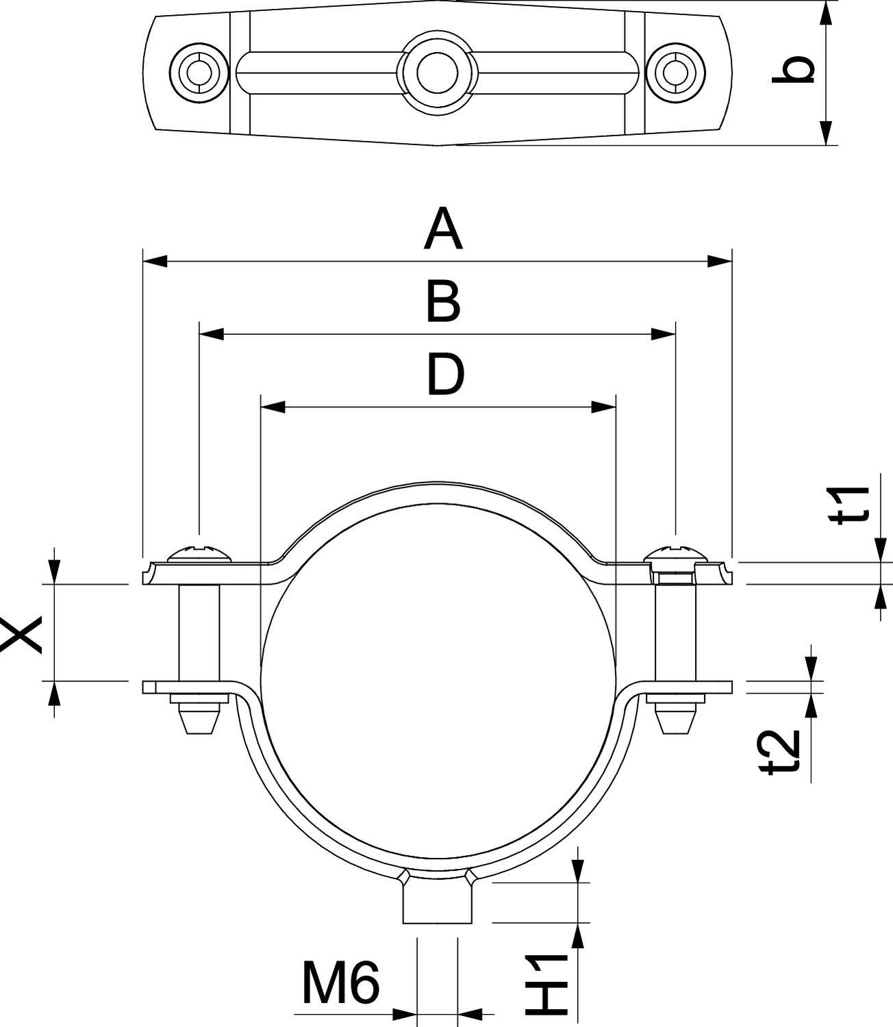 Rysunek techniczny obejmy rurowej z jednostkami miary: 'A', 'B', 'D', 't1', 't2', 'H1', 'b', 'X'. Śruba M6. Widok z góry i widok z boku.