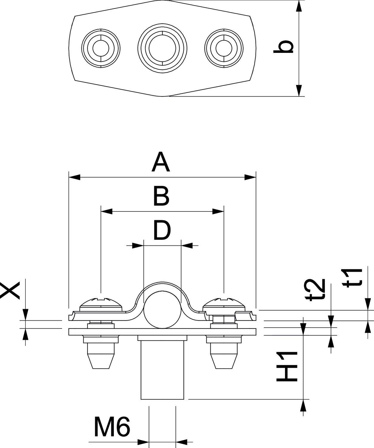 Rysunek techniczny zacisku kablowego, przedstawiający wymiary A, B, D, H1, t1, t2, b oraz gwint M6. Widok z boku i widok z przodu.
