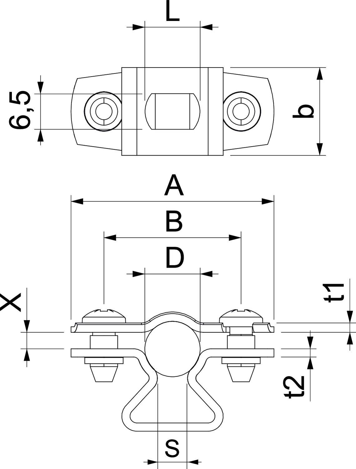 Rysunek techniczny obejmy rurowej z wymiarami: L, b, A, B, D, S, t1, t2 oraz 6,5 mm. Widok z góry i widok z boku.