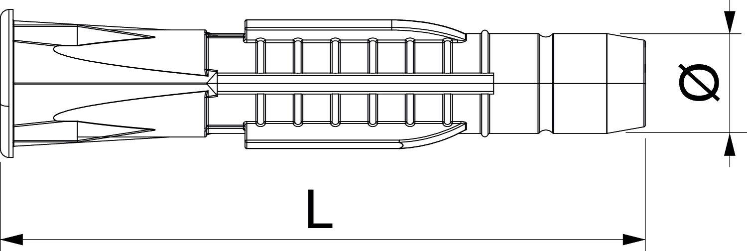 Techniczny rysunek kołka rozporowego przedstawia linie wymiarowe dla długości 'L' i średnicy 'Ø'. Kołek posiada żeberka zapewniające lepszą przyczepność.