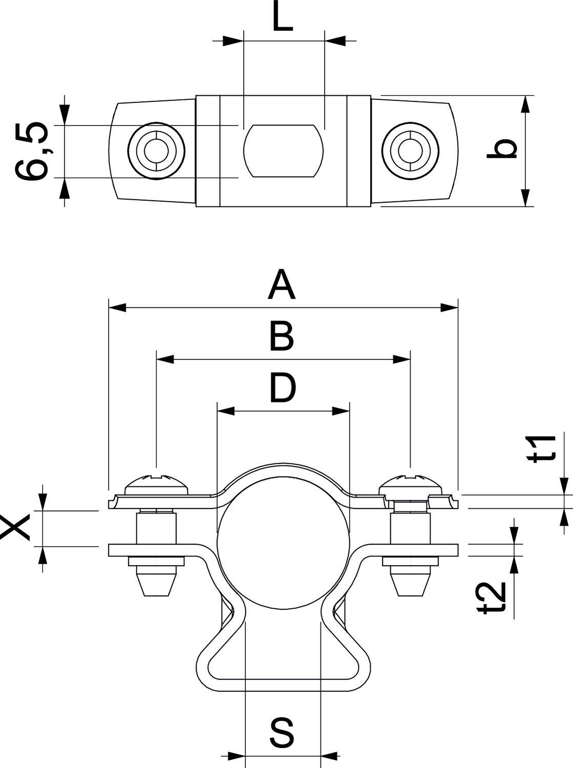 Rysunek techniczny obejmy rurowej z wymiarami. Na górze widok z góry z wielkościami L i b. Na dole widok z boku z wymiarami A, B, X, S, t1, t2.