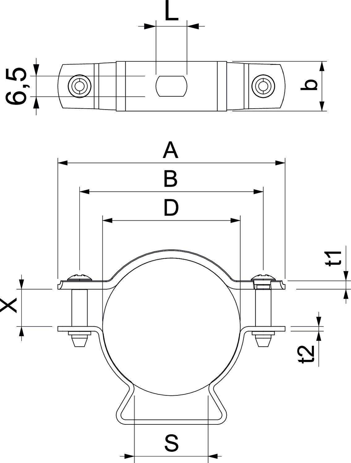 Rysunek techniczny uchwytu do obejmy rurowej z wymiarami. Przedstawia widok z boku i widok z góry z oznaczeniami L, b, A, B, D, X, S, t1 oraz t2.
