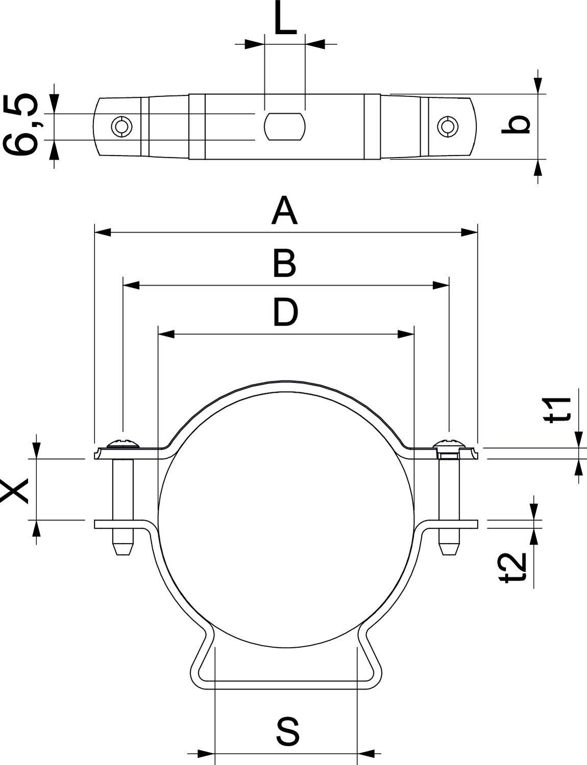 Rysunek obejmy rurowej z wymiarami. Górne wymiary: 6,5 i b. Odległości pionowe: A, B, D. Odległości poziome: t1, t2, S.