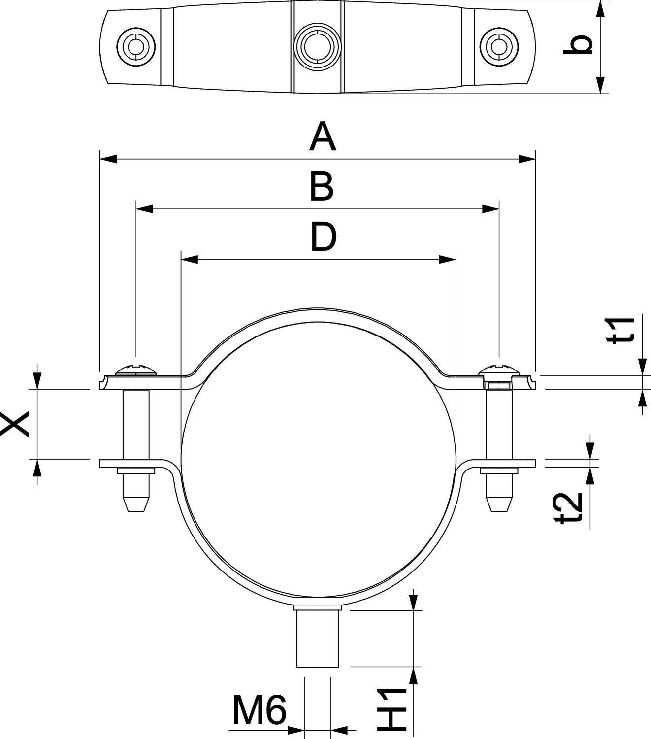 Rysunek techniczny uchwytu obejmy rurowej z wymiarami: A, B, D, b, M6, t1, t2, H1, X. Przedstawiono pozycje śrub i szczegóły przyłączy.