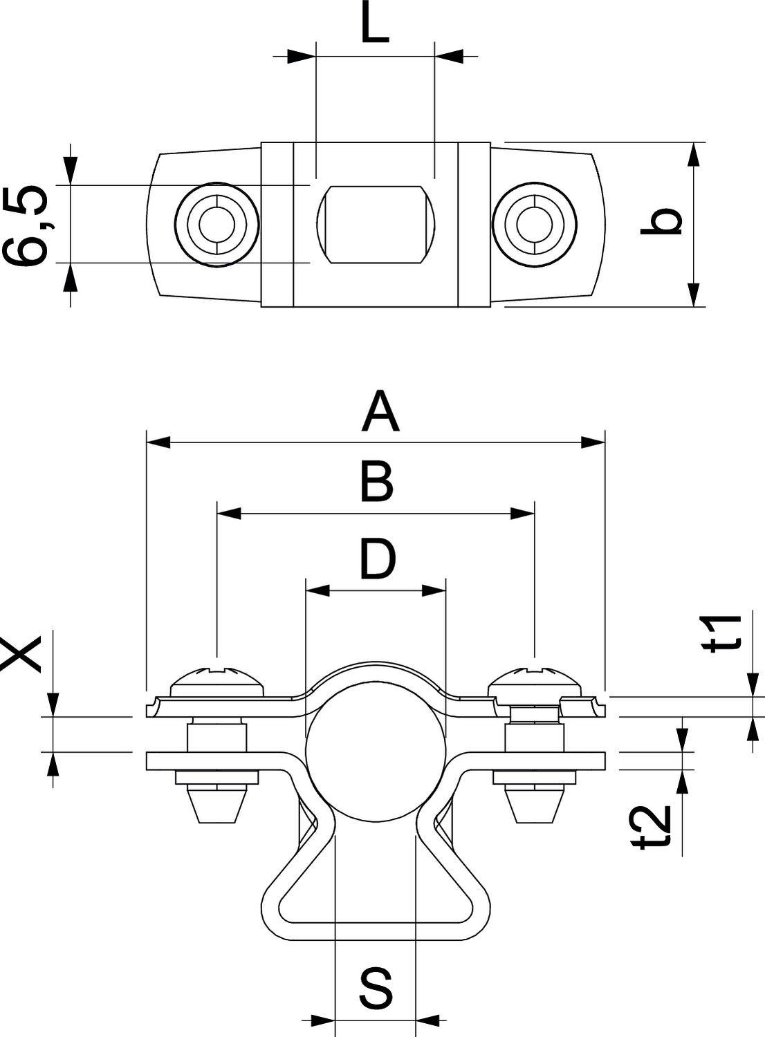 Rysunek techniczny zacisku mocującego z wymiarami. Na górze: widok z góry. Na dole: widok z boku z wymiarami wysokości i szerokości.