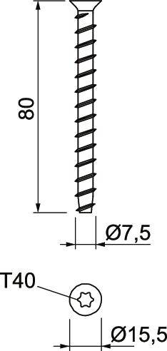 Rysunek techniczny śruby o długości 80 mm, średnicy 7,5 mm, z gniazdem T40 i średnicy główki 15,5 mm.