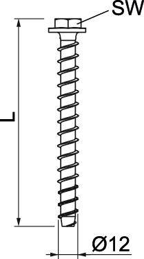 Rysunek techniczny śruby z wymiarami: długość 'L', średnica 'Ø12', szerokość klucza 'SW'. Śruba posiada gwint i łeb sześciokątny.
