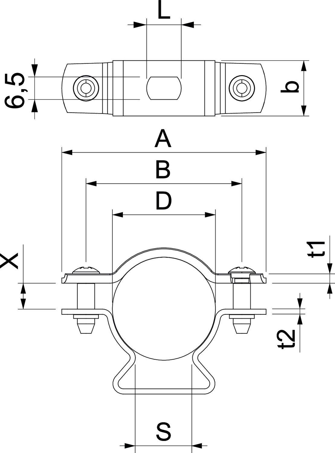 Rysunek techniczny obejmy rurowej z wymiarami: długości A, B, D oraz różnymi parametrami takimi jak S, t1, t2, b oraz 6,5 mm.