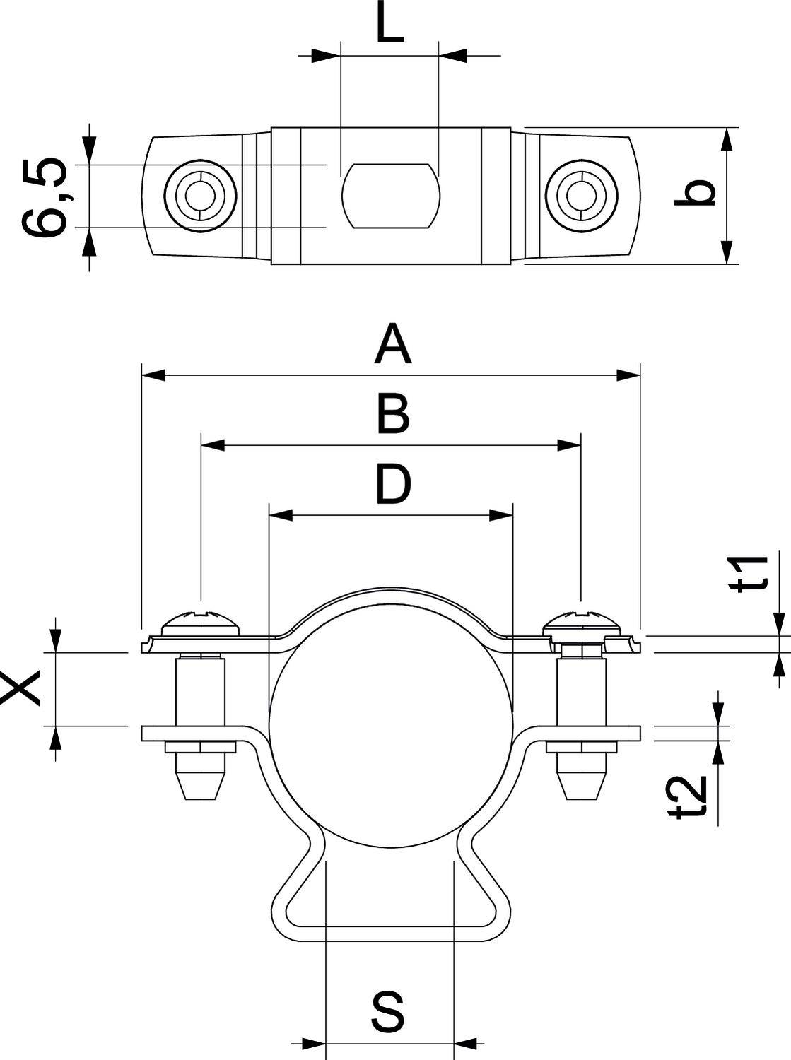Rysunek techniczny obejmy rurowej z wymiarowaniem: L, b, A, B, D, X, S, t1, t2. Przedstawiono widok z góry i widok z boku.