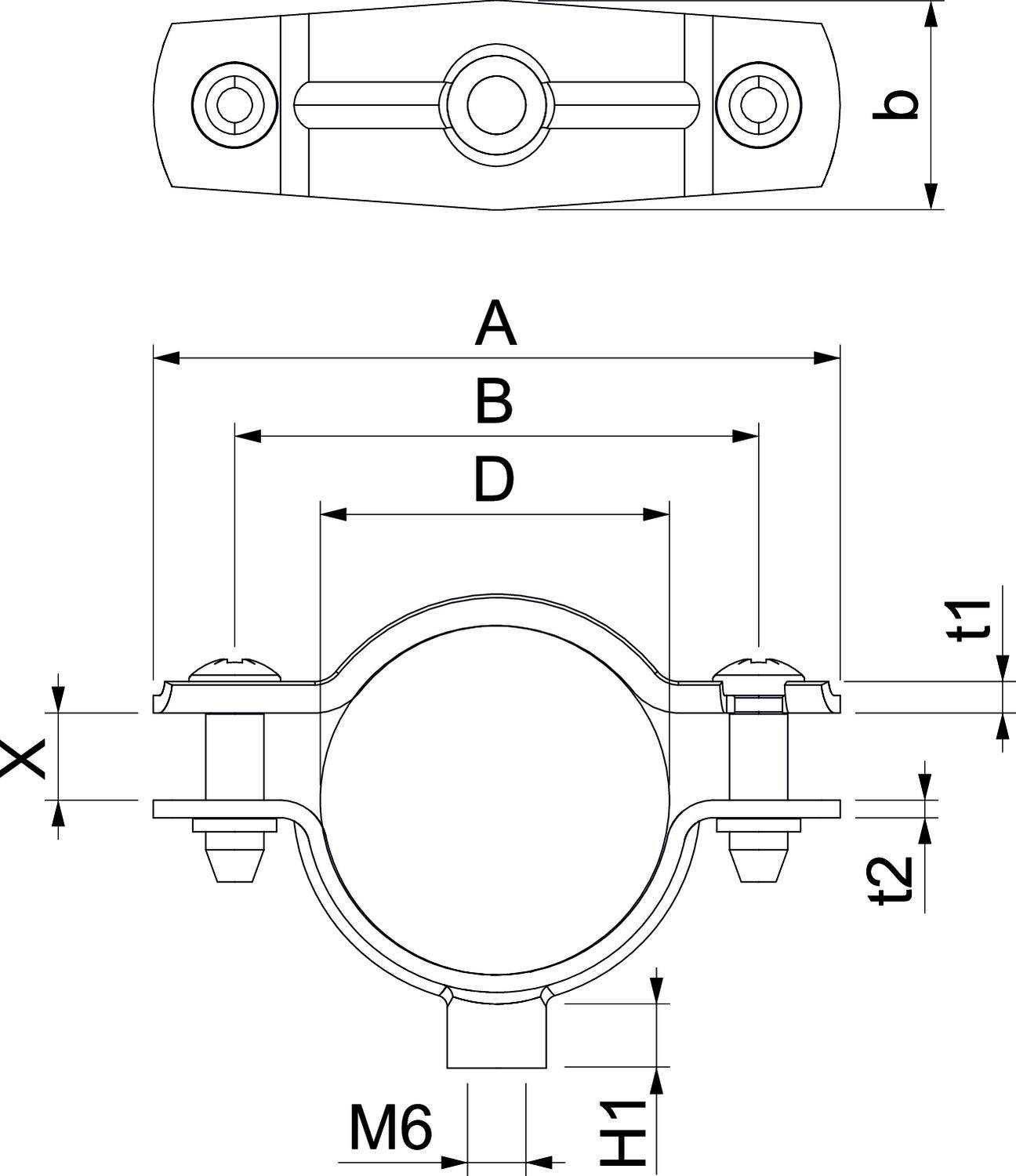 Rysunek techniczny obejmy rurowej z wymiarami. Przedstawia widok z boku i widok z góry z oznaczeniami A, B, D, t1, t2, M6.