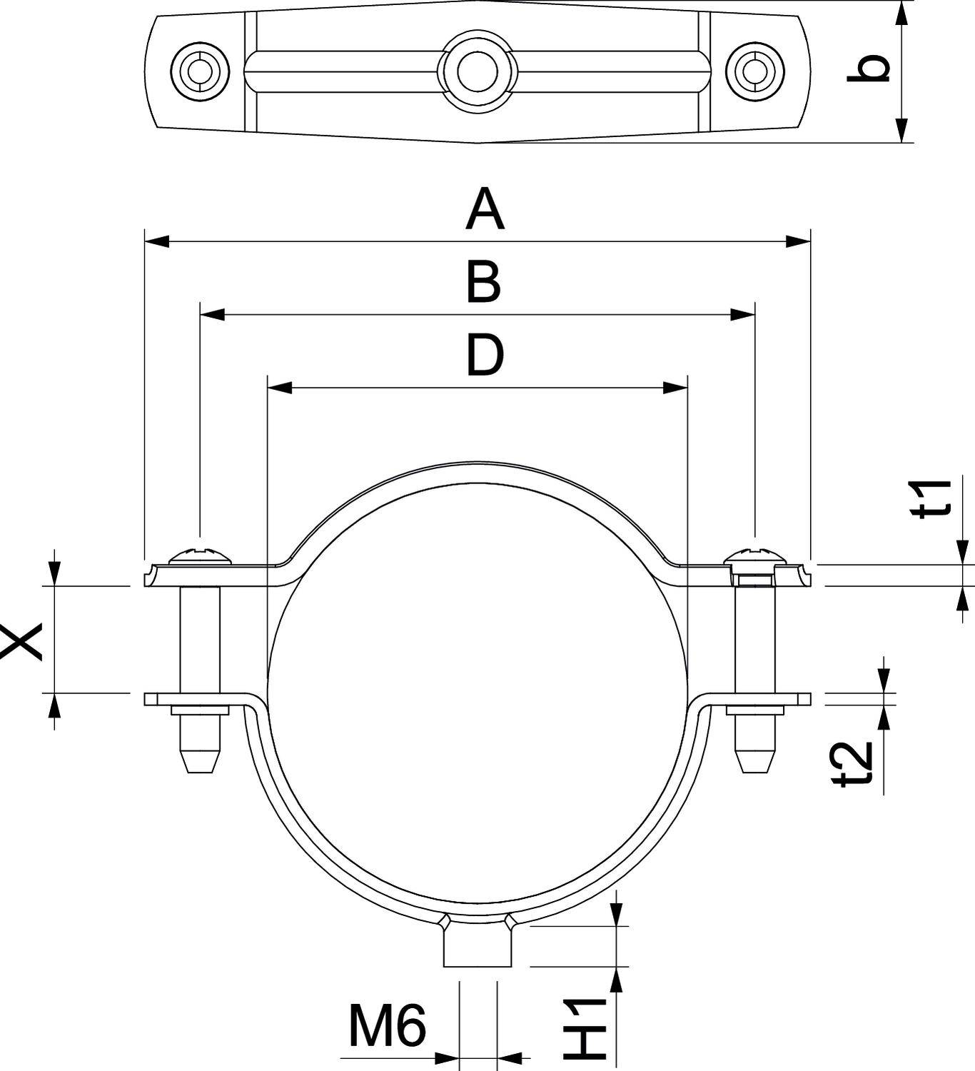 Rysunek techniczny obejmy rurowej z wymiarami: A, B, D, X, b, t1, t2, M6, H1. Przedstawia widok z góry oraz przekrój.