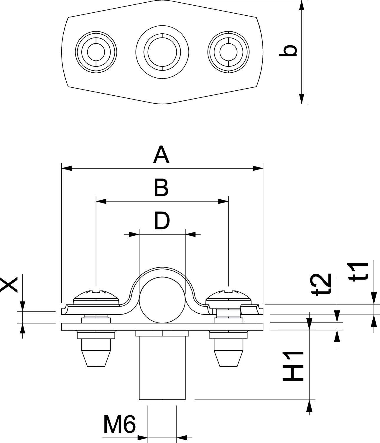 Rysunek techniczny zacisku kablowego z wymiarami. Widok z góry na górze, widok z boku na dole. Wymiary: A, B, D, b, t1, t2, H1, X, M6.