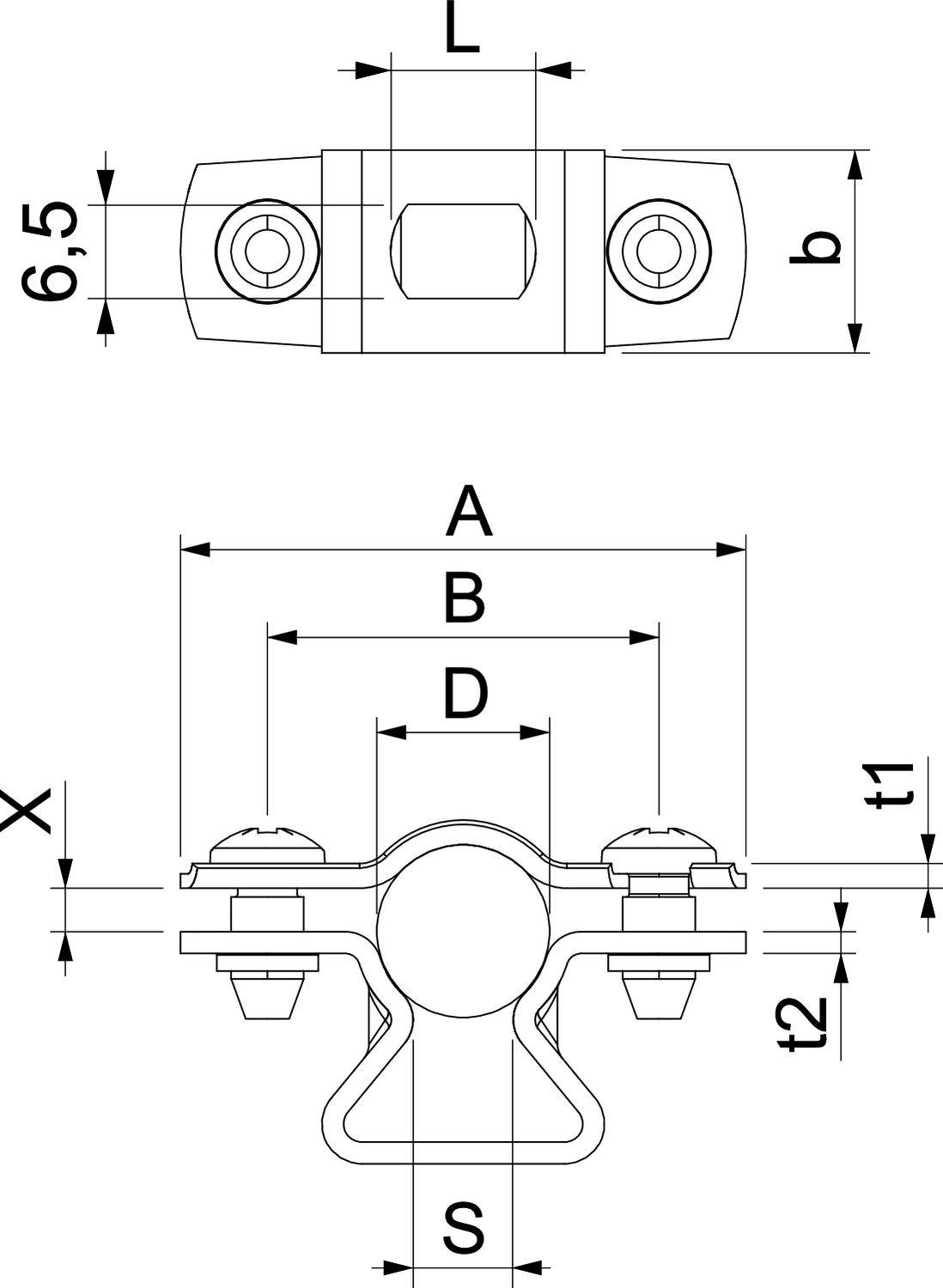 'Rysunek techniczny złącza obejmy rurowej. Widok z góry i widok z boku przedstawiają wymiary i pozycje śrub do montażu.'