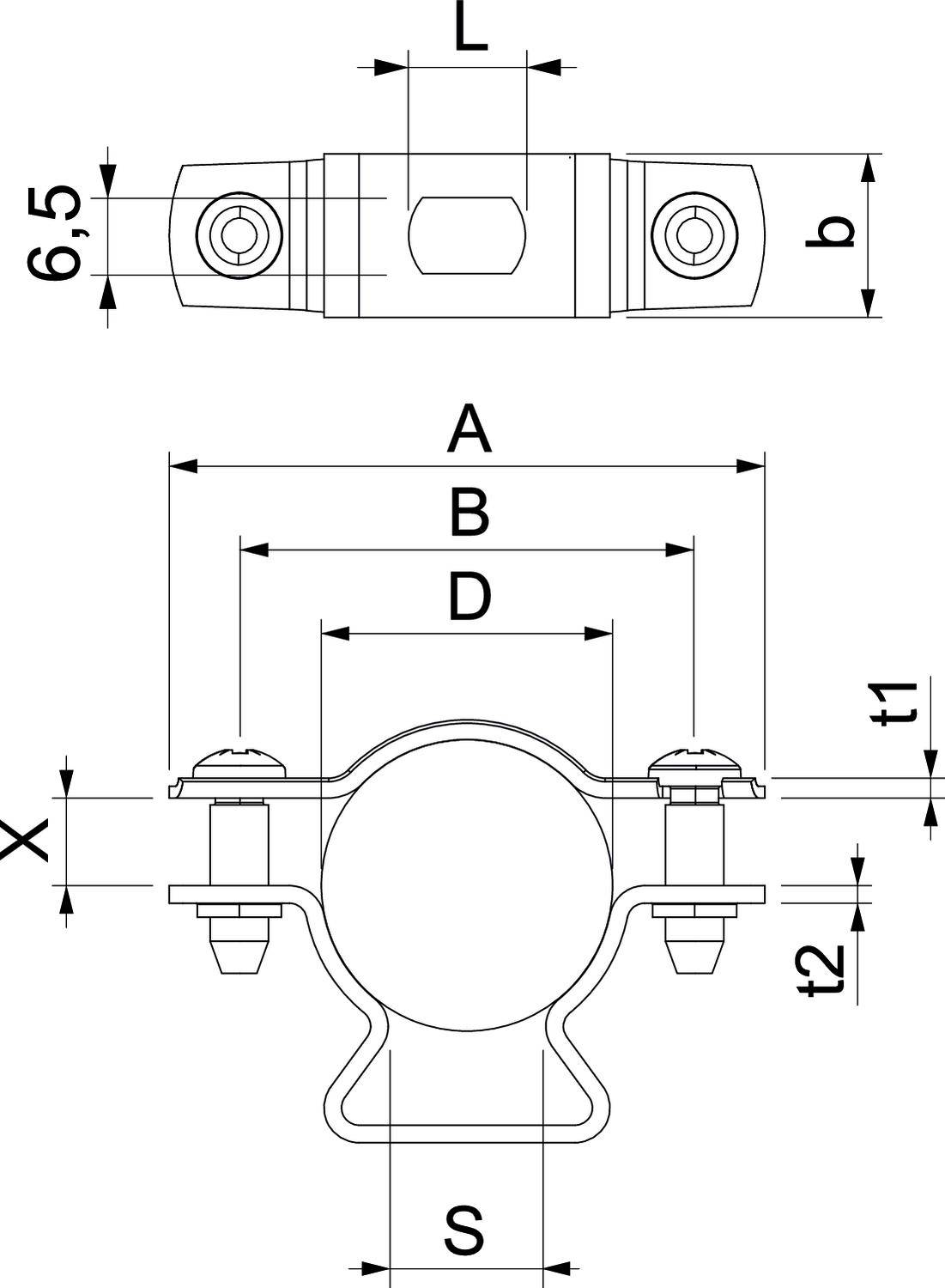 Rysunek techniczny obejmy rurowej z wymiarami: długość, szerokość, średnica i szczegóły śrub.