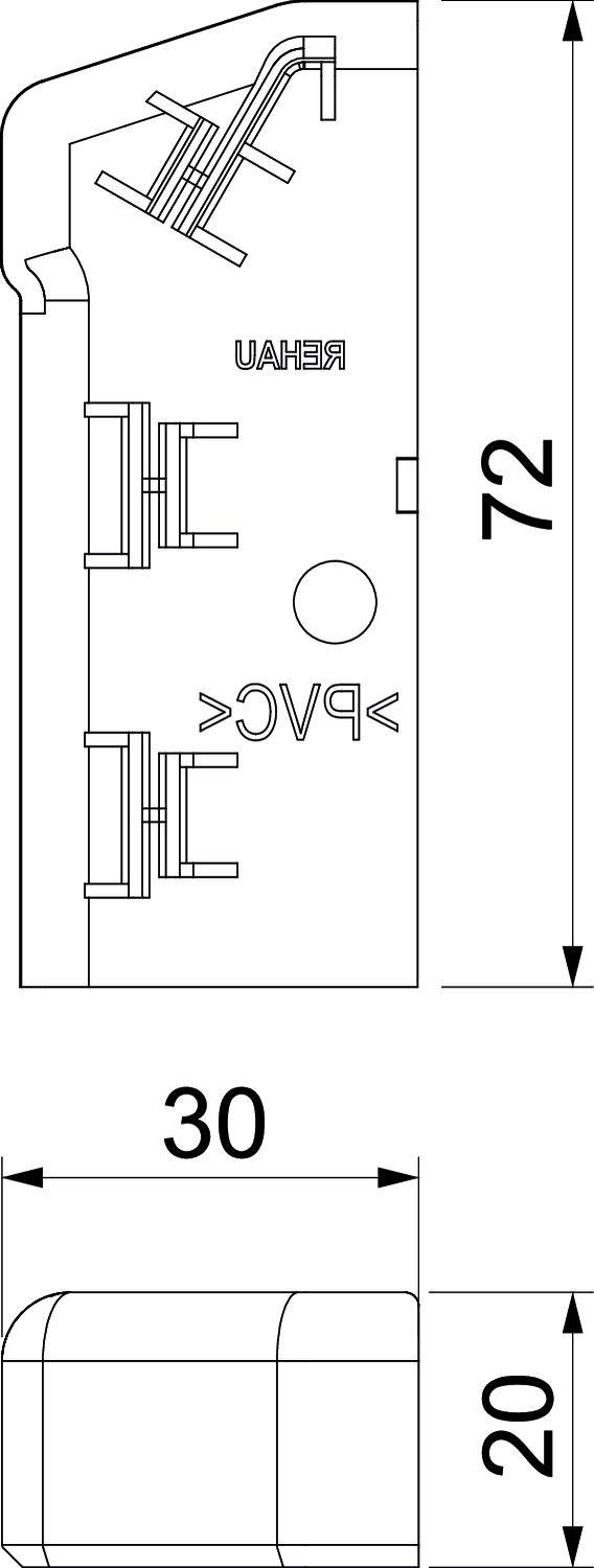 Rysunek techniczny złączki PVC o wymiarach: 72 mm wysokości, 30 mm szerokości i 20 mm głębokości.