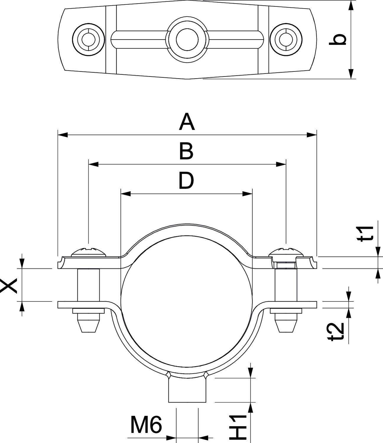 Rysunek techniczny obejmy rurowej z wymiarami. Przedstawia widok z góry i widok z boku z oznaczeniami A, B, D, wysokość oraz rozmiar śruby M6.