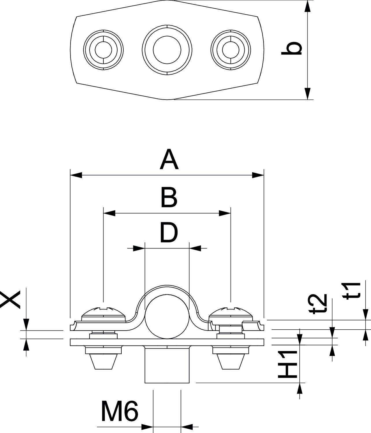 Rysunek techniczny obejmy rurowej z wymiarami: A, B, D, b, M6, X, H1, t1, t2. Przedstawiono widok z przodu i z boku.