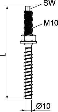 Rysunek techniczny kotwy śrubowej M10 z gwintem. Oznaczenia: 'SW' i 'Ø10'. Odpowiednia do zastosowań budowlanych.