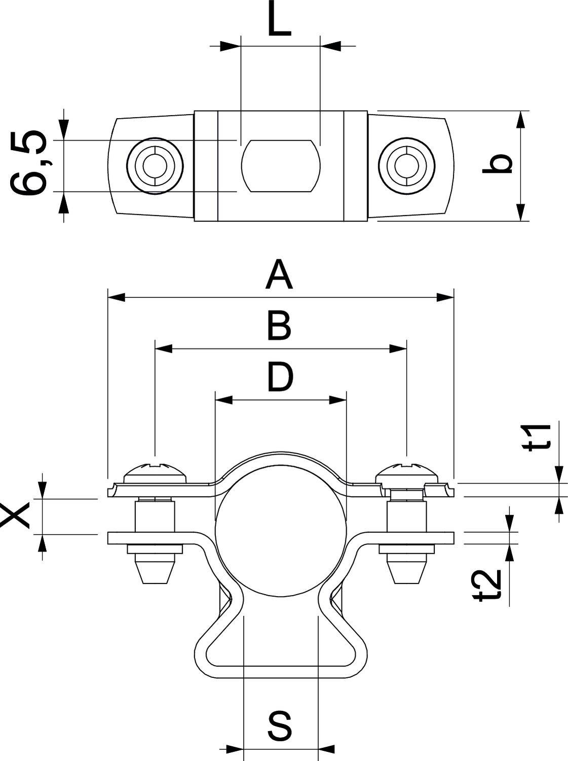 Rysunek techniczny obejmy rurowej z wymiarami: długość (L), szerokość (b), osie (A, B, D) oraz grubość (t1, t2, S).