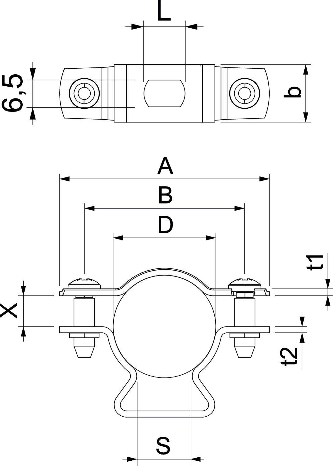 Rysunek techniczny modelu obejmy rurowej z podanymi wymiarami L, b, A, B, D, t1, t2, X oraz S. Przedstawia pozycje śrub i punkty mocowania.