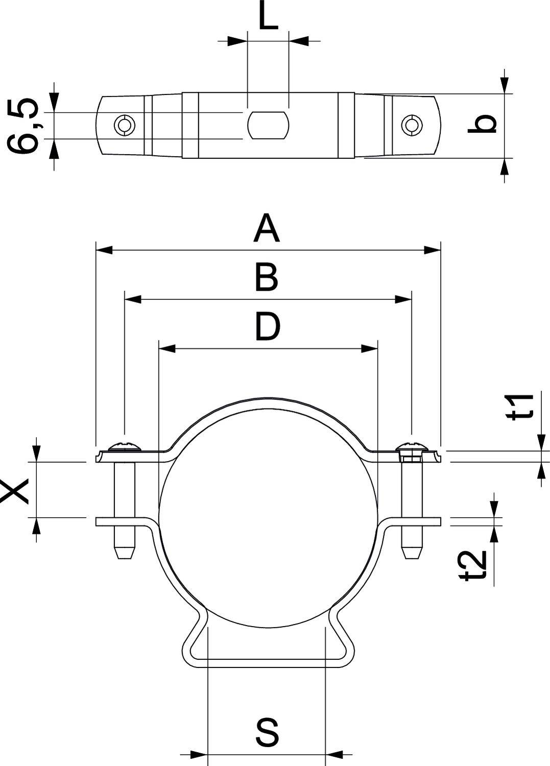 Rysunek techniczny obejmy rurowej z wymiarami: L, b, X, A, B, D, t1, t2, S. Przedstawienie widoku z przodu i widoku z boku.