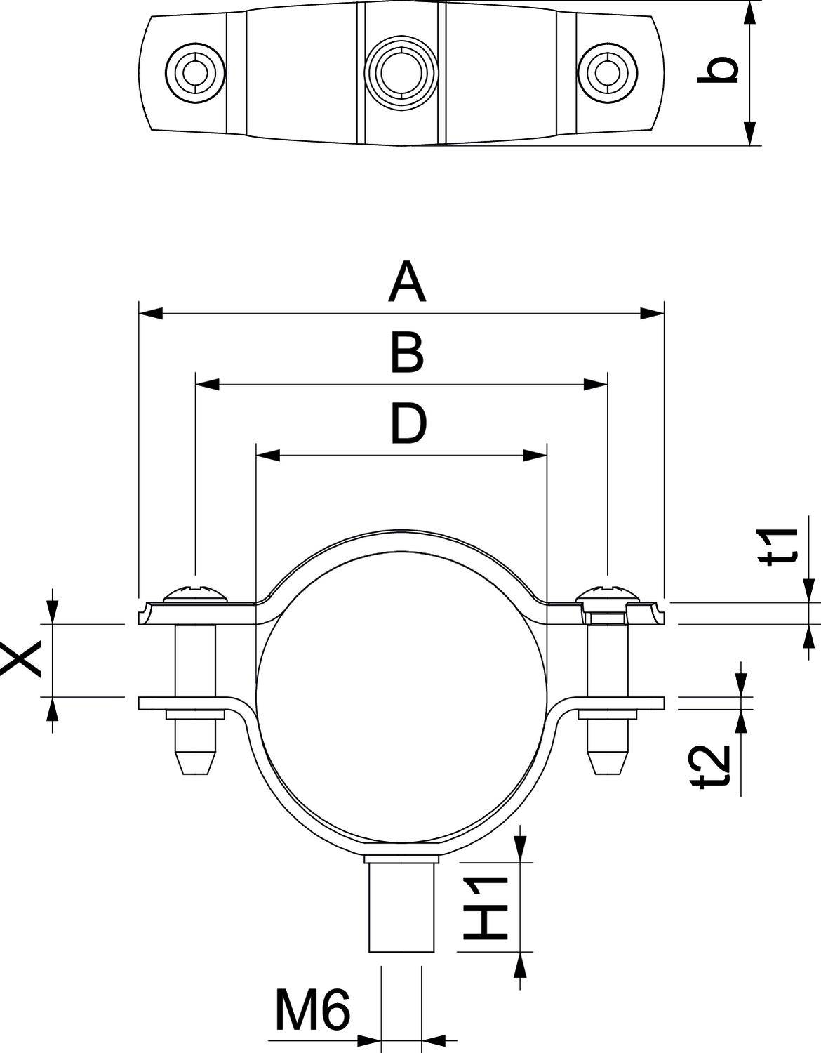 Rysunek techniczny obejmy rurowej z wymiarami: b, A, B, D, X, t1, t2, H1, M6. Widok główny przedstawia perspektywę czołową i boczną.
