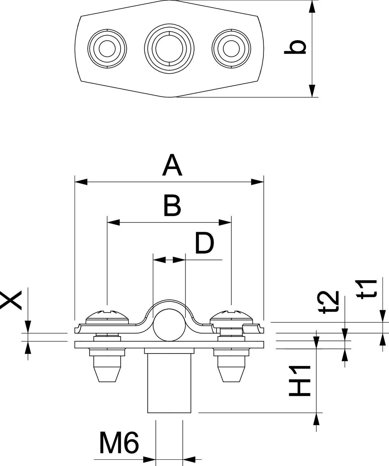 Rysunek techniczny uchwytu z wymiarami: b, A, B, D, X, t1, t2, H1 oraz M6. Przedstawia widok z przodu z trzema śrubami.