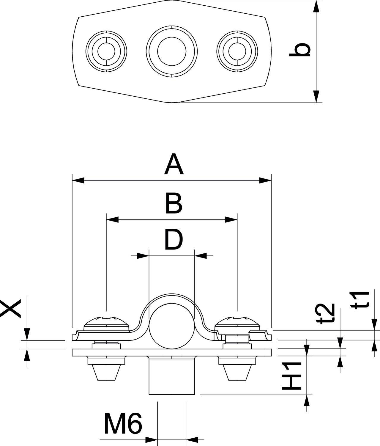 Rysunek techniczny złączki przewodowej z wymiarami: A, B, D, H1, X, t1, t2 oraz b. Rozmiar śruby M6. Widok z góry i widok z boku.