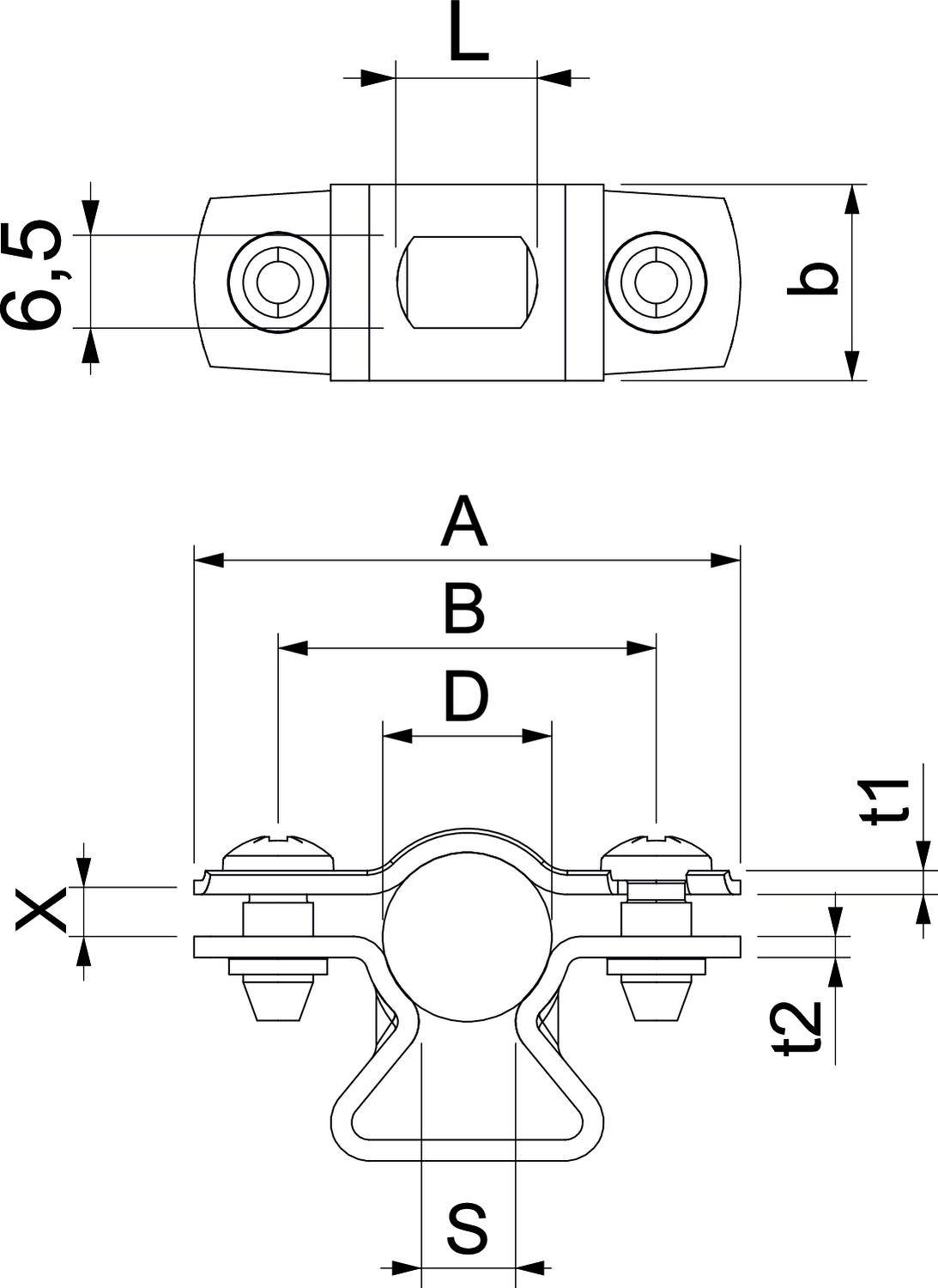 Rysunek techniczny zacisku metalowego z wymiarami. U góry: długość (L) i szerokość (b). Na dole: wymiary A, B, D, S, X, t1, t2.