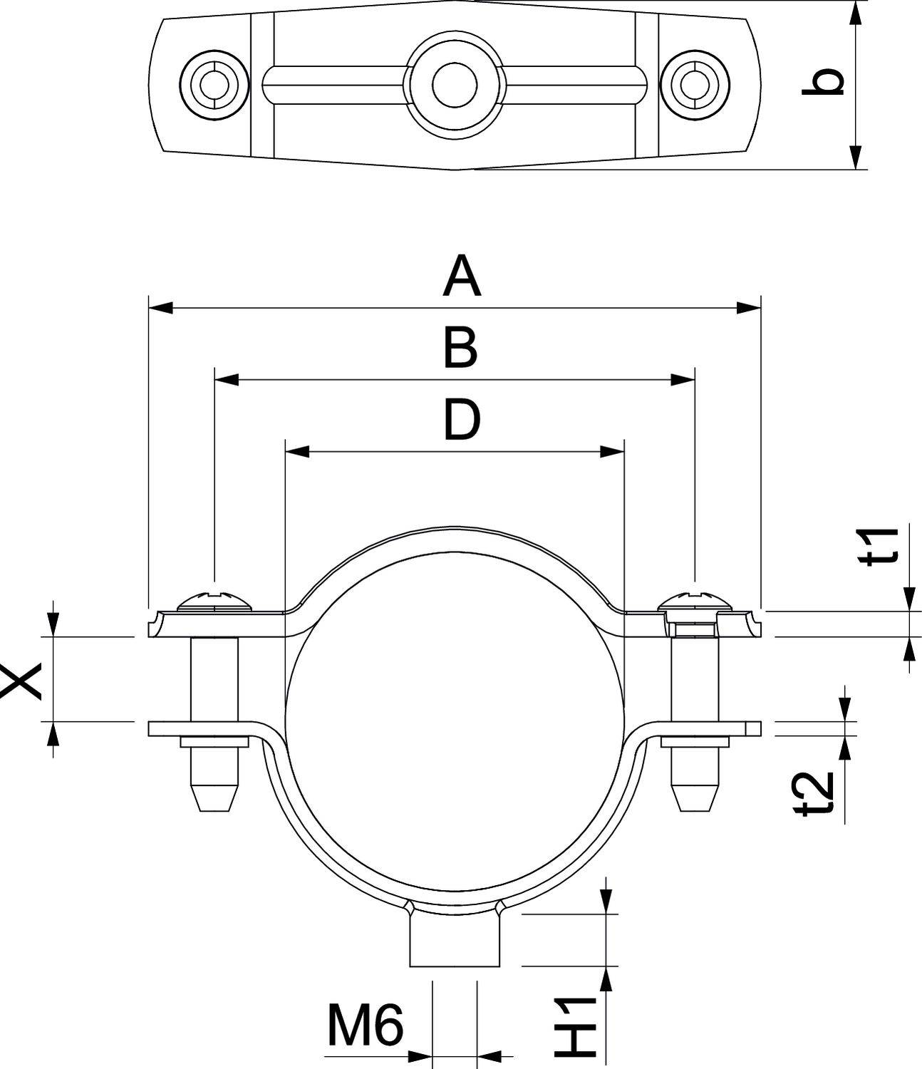 Rysunek techniczny obejmy rurowej z wymiarami: A, B, D, b, X, t1, t2, M6. Przedstawia szczegóły mocowania i wymiarowanie.