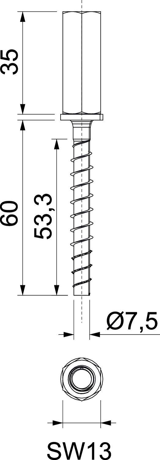Rysunek techniczny śruby: długość 60 mm, gwint o długości 53,3 mm i średnicy 7,5 mm. Klucz sześciokątny SW13.