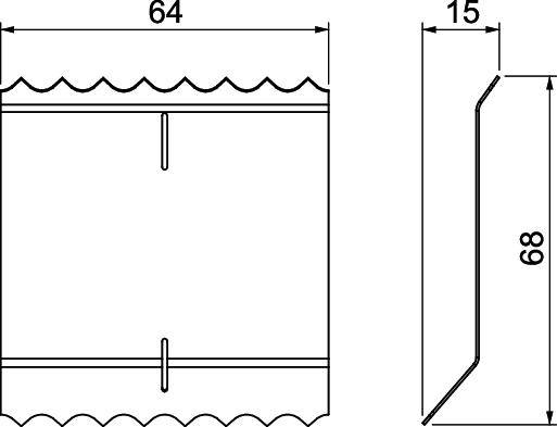 Rysunek techniczny prostokątnego elementu o wymiarach 64x68 mm. Grubość 15 mm. Fala na górnej części. Dwie wgłębienia widoczne.